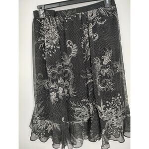 Susan Graver Black Print Paisley Chiffon A-Line Skirt Size L Ruffle Hem Pull-on